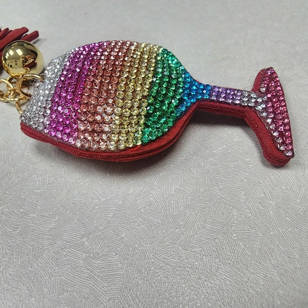 Mix Color Wine Glass Iconic Key Chain Rhinestones Tassle Clip & Key Ring 3D